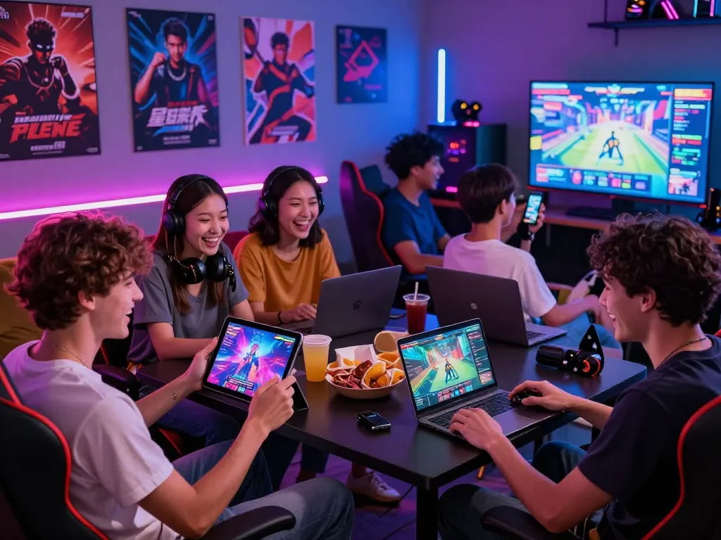 Friends playing porngame in a vibrant gaming lounge, showcasing devices and lively atmosphere.