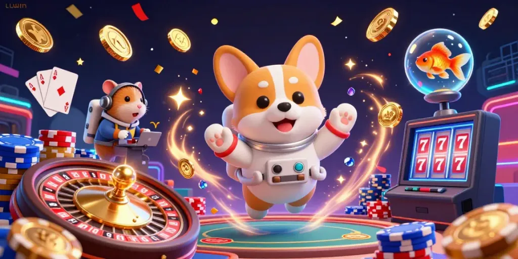 Experience thrilling gaming at LLWIN with a vibrant 3D casino scene featuring floating characters and dynamic gambling elements.