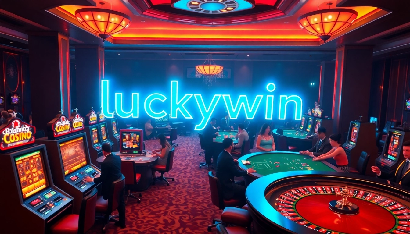 Experience vibrant slot machines and roulette tables at Luckywin Casino, surrounded by eager players.