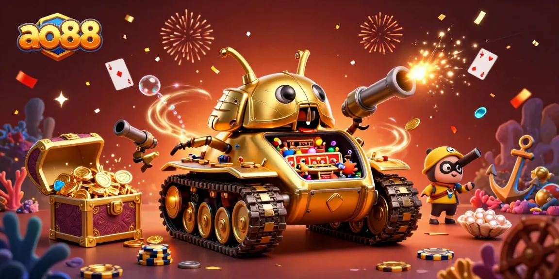 Engage in thrilling casino adventures with ao88's animated golden beetle tank illustration.