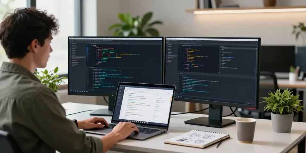 Developer working with a multi-model API integration in a modern workspace