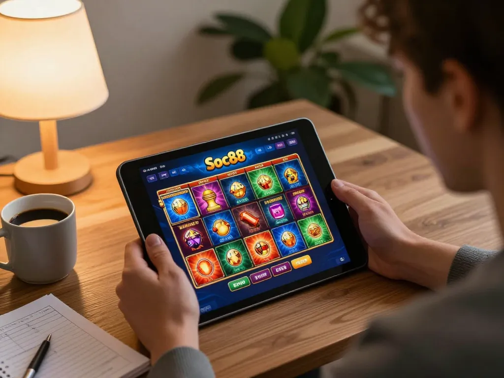 Engaged player enjoying Soc88 online casino experience on a tablet, showcasing vibrant gaming graphics and cozy ambiance.