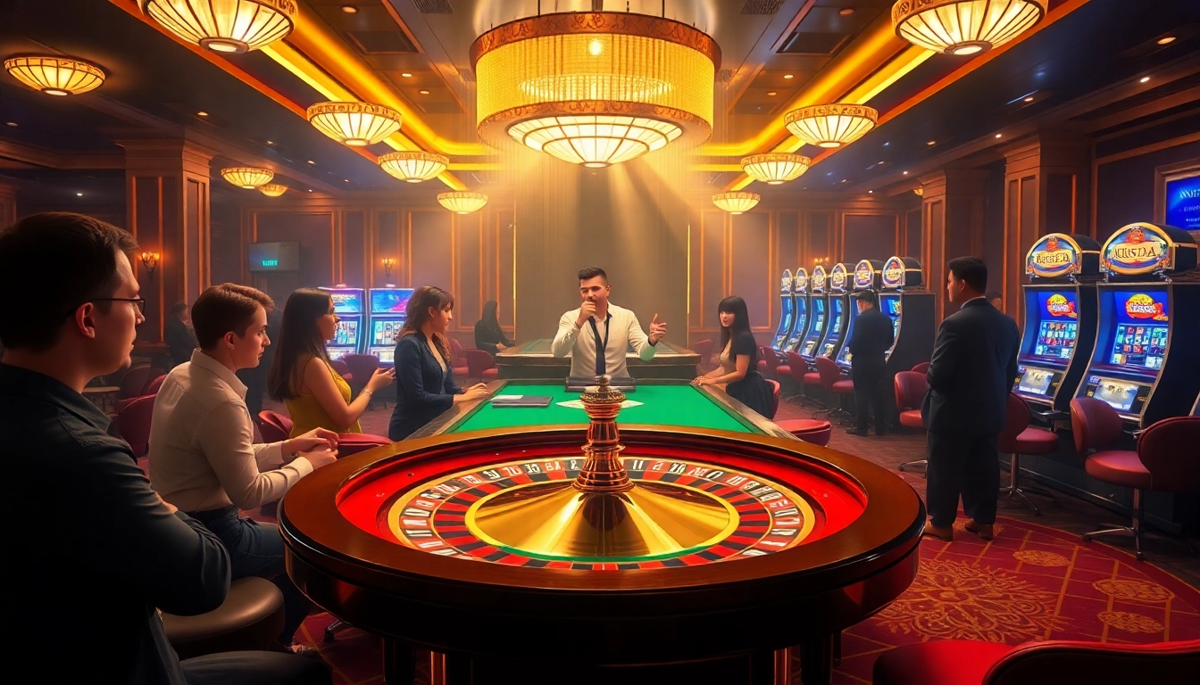 KJC MARKETING branding shines amidst an exciting casino atmosphere featuring roulette and enthusiastic players.