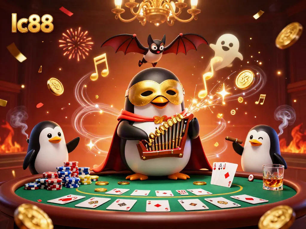 lc88 exhibiting vibrant casino scene with a whimsical penguin and playful acrobat around poker elements.