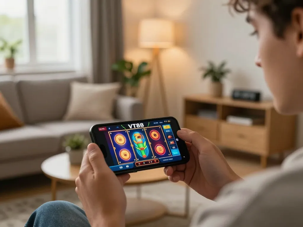 Play on VT88 as player engages with colorful mobile slot machines in a cozy home setting.
