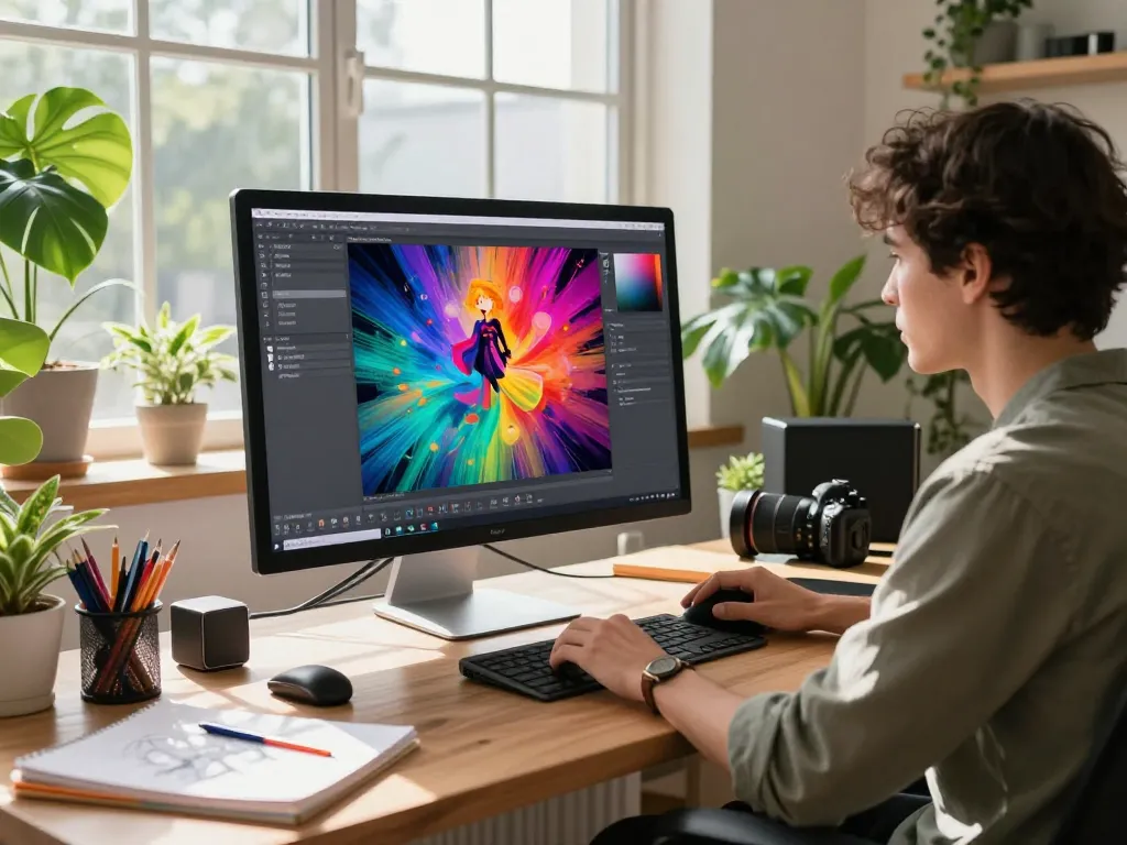 Digital artist utilizing nano banana 2 AI editor in a bright creative workspace, showcasing AI-generated visuals.