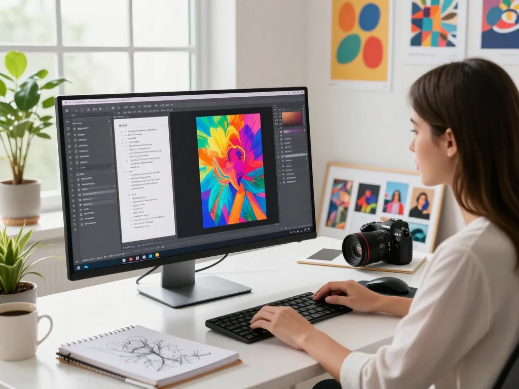 Image to prompt ai workspace showcasing a woman generating AI prompts from an uploaded photo, highlighting creativity and technology integration.