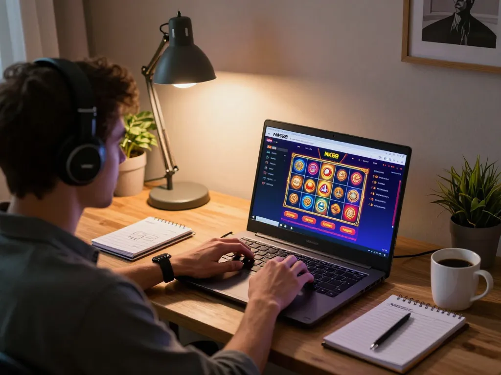 Player engaging with the NK88 online casino platform on a laptop, showcasing a home gaming setup.