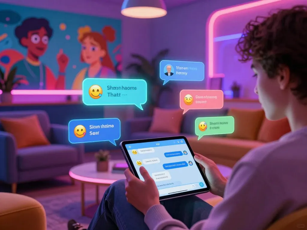Exciting spicy chat interaction in a vibrant digital lounge atmosphere with holographic effects.