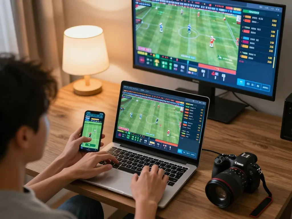 123win player enthusiastically placing bets online with strategic focus in a cozy living room.