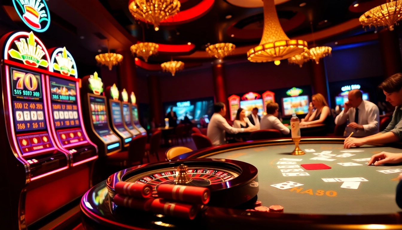 Engaging scene at Nhà cái Hm88 casino featuring poker tables, slot machines, and excited players betting.