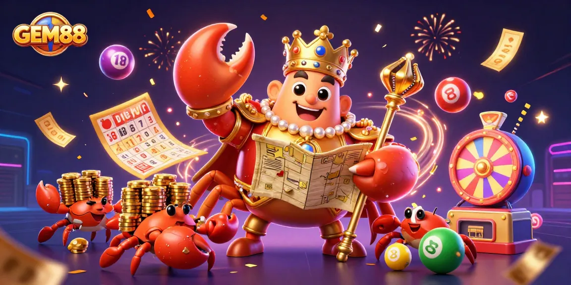 Engage with GEM88's vibrant casino scene featuring a golden crab emperor and colorful lottery elements.