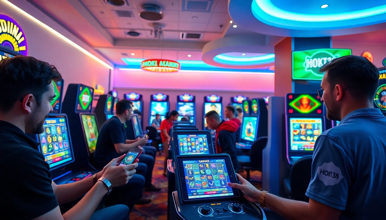 Exciting online gaming atmosphere featuring players engaged with hoki138 slot games on digital devices.