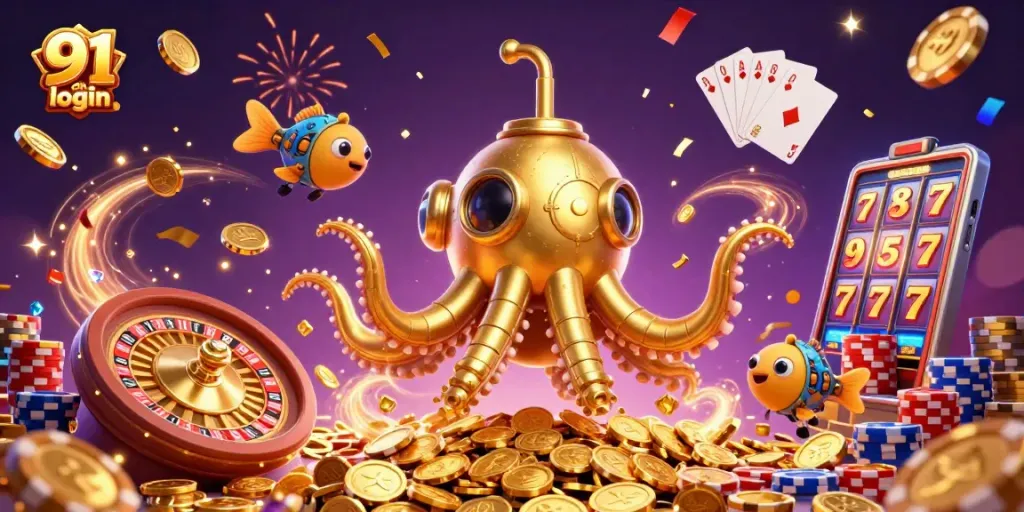 Engaging 91 club login visual featuring a golden submarine amidst coins and gambling elements.