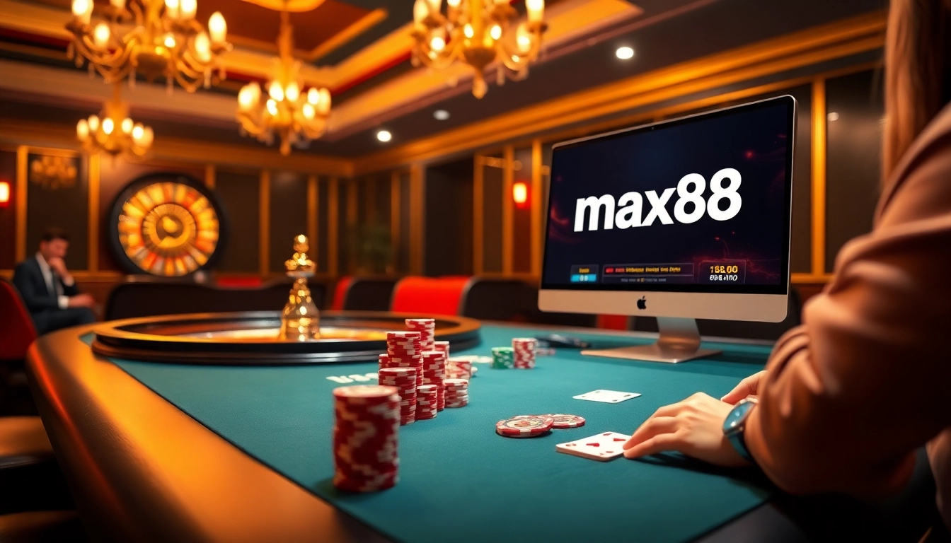 Engaged players enjoying the thrilling max88 casino experience with poker chips and cards.