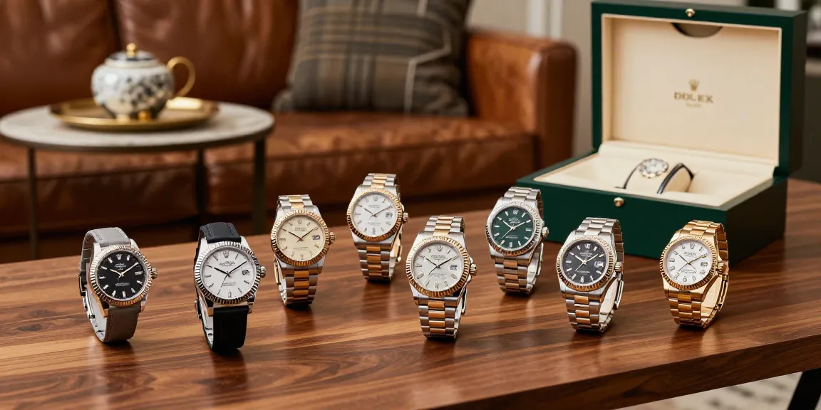 Super clone watches collection on a polished table, showcasing luxury craftsmanship and elegance.