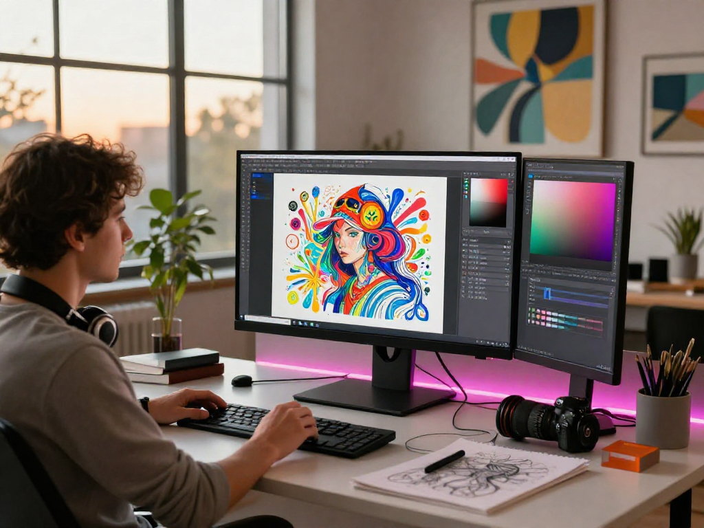 Creative workspace showing artist crafting AI NSFW digital art