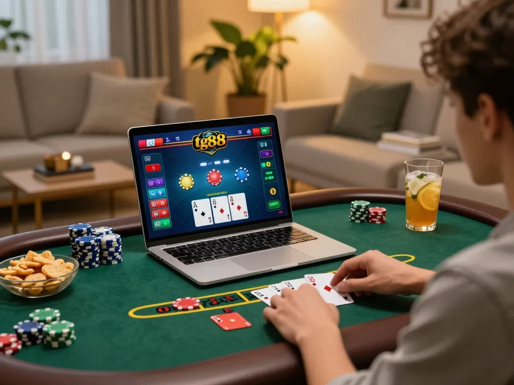 Engaged user playing blackjack at tg88 casino on a sleek laptop in a cozy living room setting.