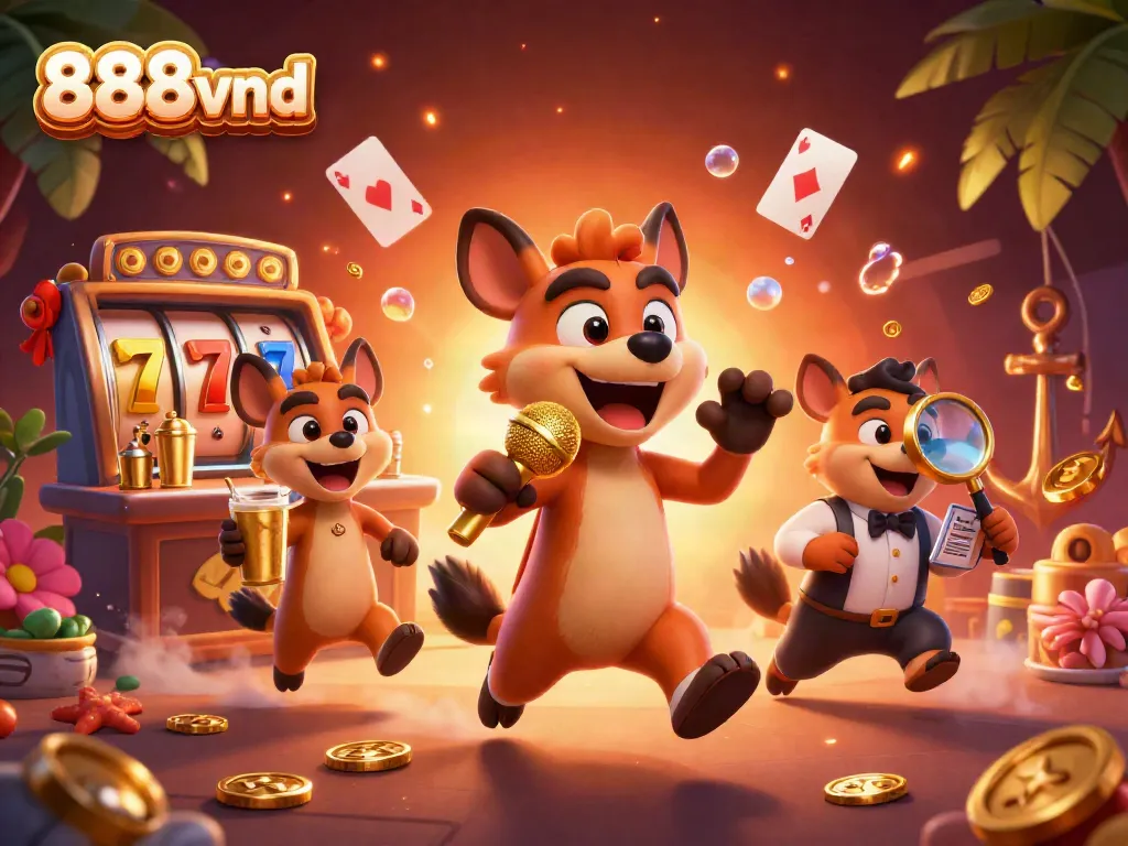 Experience the vibrant energy of 888vnd's unique casino scene featuring hilarious hyenas and sparkling game elements.