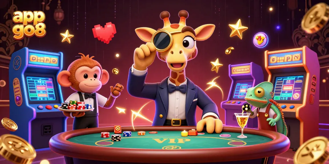 Win big at app go8 with a vibrant casino scene featuring a giraffe, monkey, and chameleon.