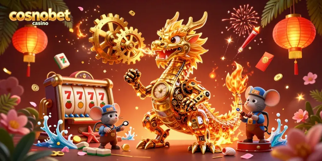 Experience thrilling gameplay at cosmobet casino with an ultra-detailed scene featuring a golden dragon and slot reels.