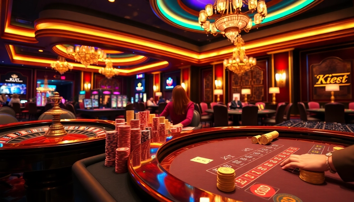KJC Casino scene with players at poker table showcasing chips and cards, immersed in gambling excitement.