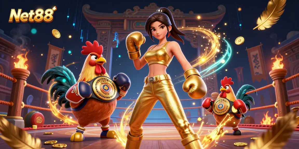 Engage with thrilling games at Net88, showcasing a powerful woman athlete and boxing rooster champion.