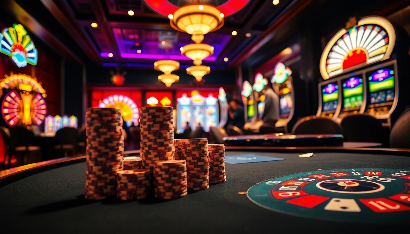 Experience the thrill of i9.bet with a luxurious casino featuring poker tables and vibrant slot machines.