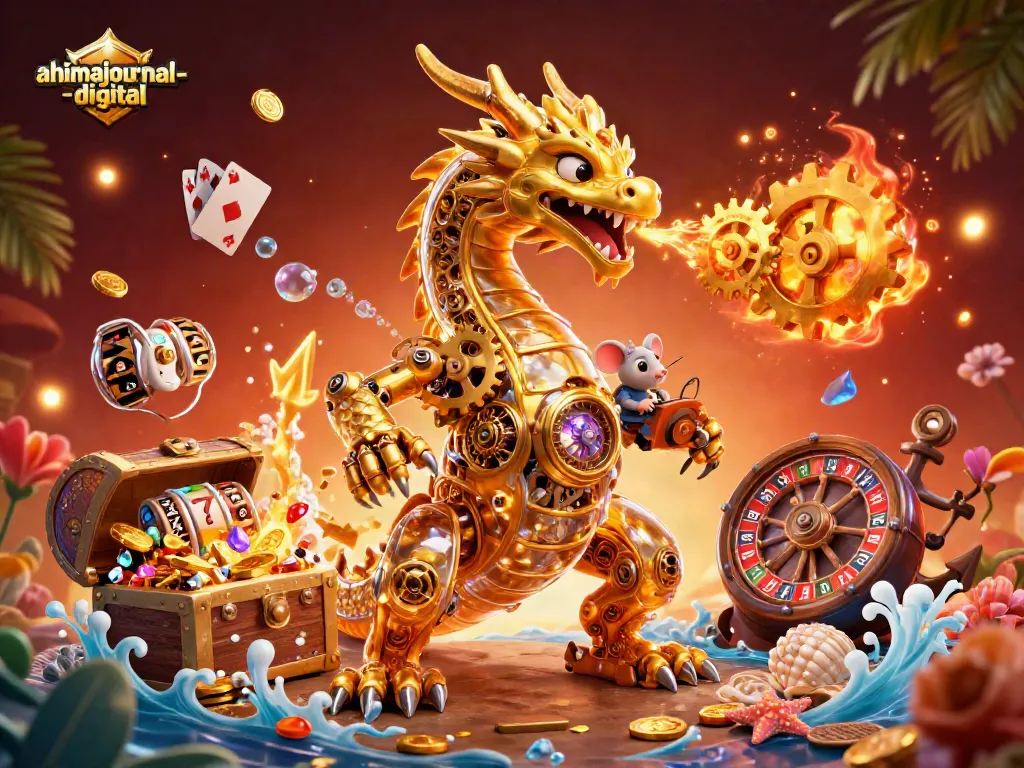 Spin reels and win with ahimajournal-digital's vibrant 3D casino scene featuring a golden dragon.