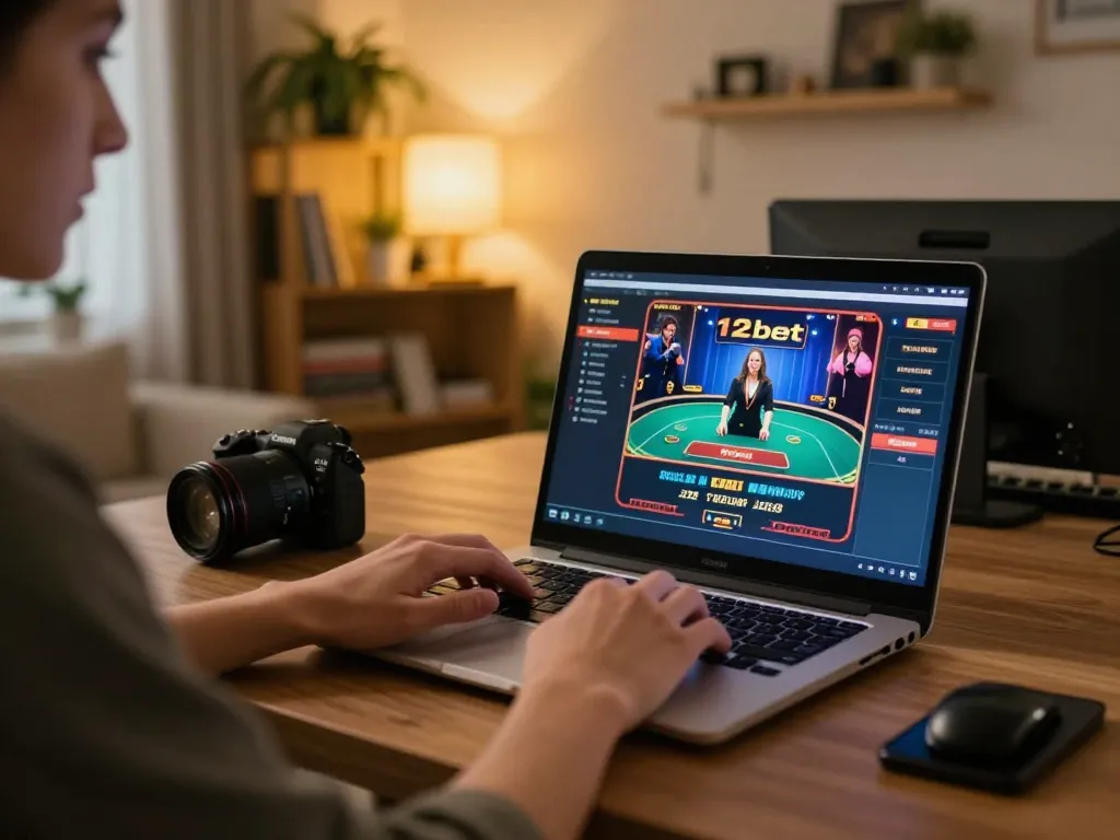 Trải nghiệm chơi game casino trực tuyến thú vị trên 12bet tại nhà, với người dùng tương tác với laptop.