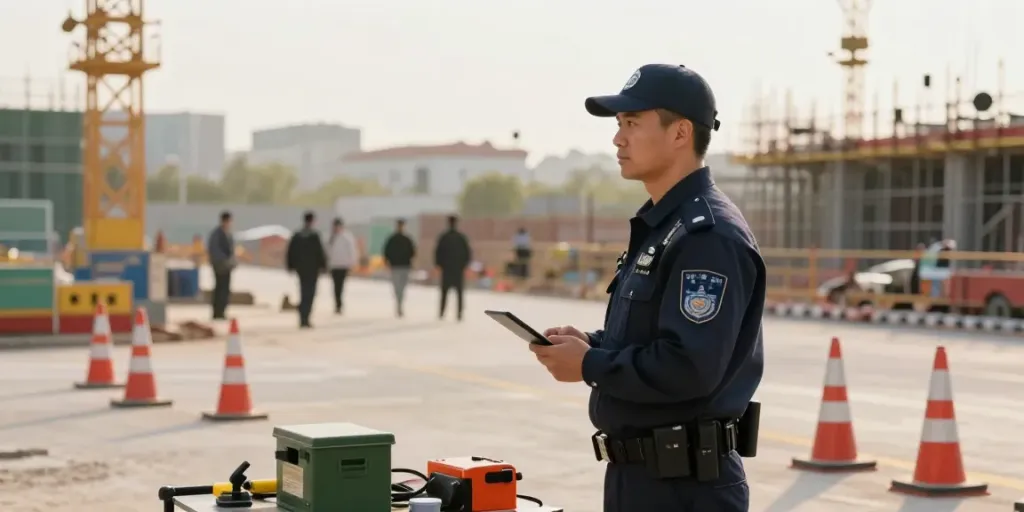 Security Guard watching over a construction site in a professional uniform.