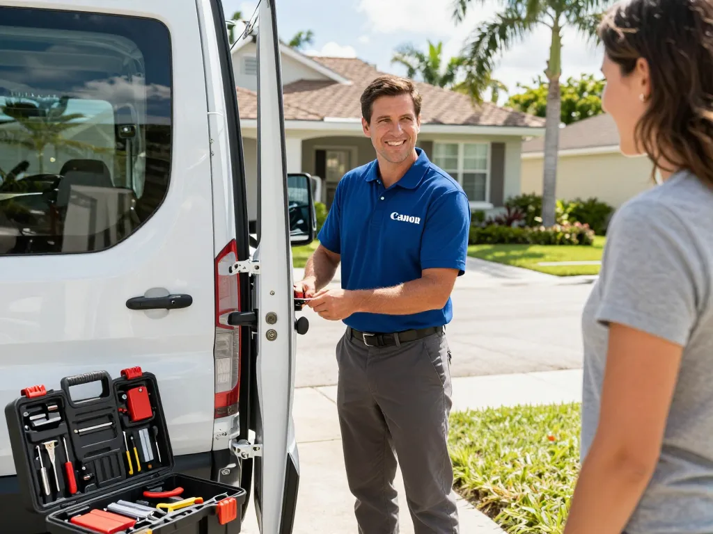 Locksmith in Vero Beach unlocking a house door with professional tools and friendly service.
