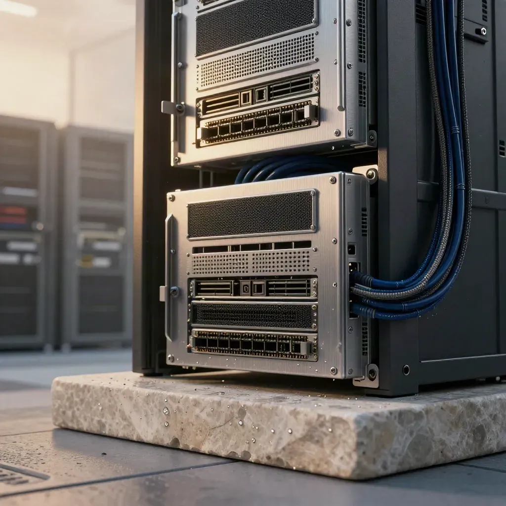 Brushed server modules and cables on a rain-speckled stone plinth in soft golden light.