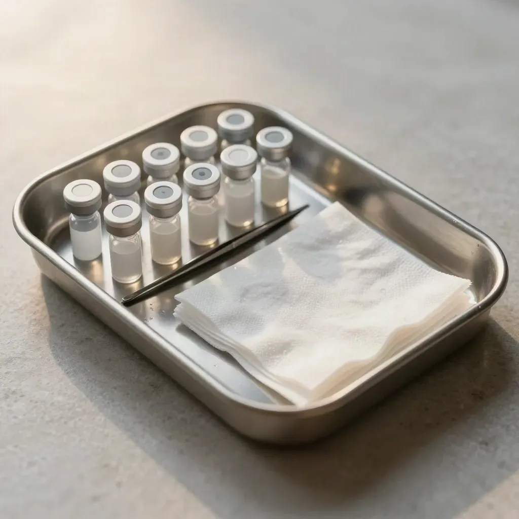 Top-down macro of specimen tray with vials, forceps and gauze on stone.