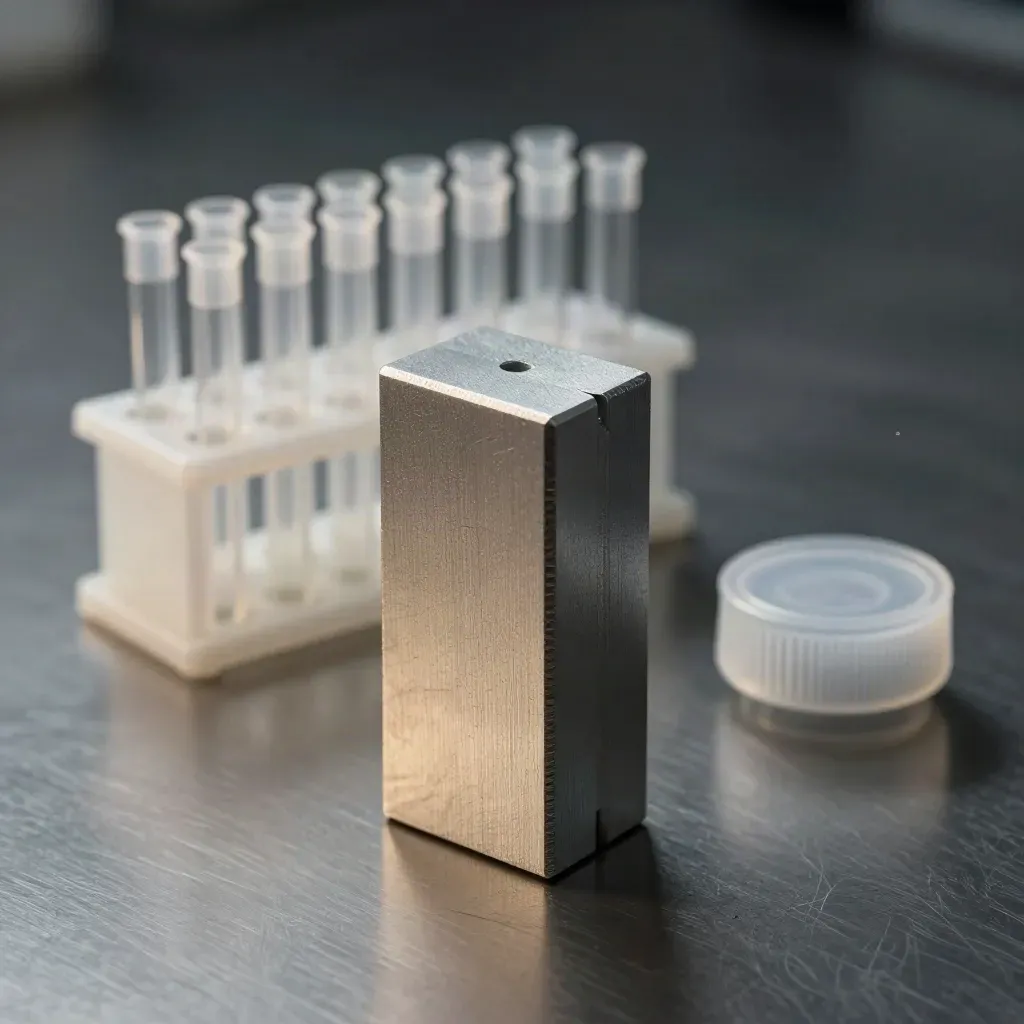 Lab calibration block, microtube rack, and pipette tip case on brushed metal in dramatic studio light.