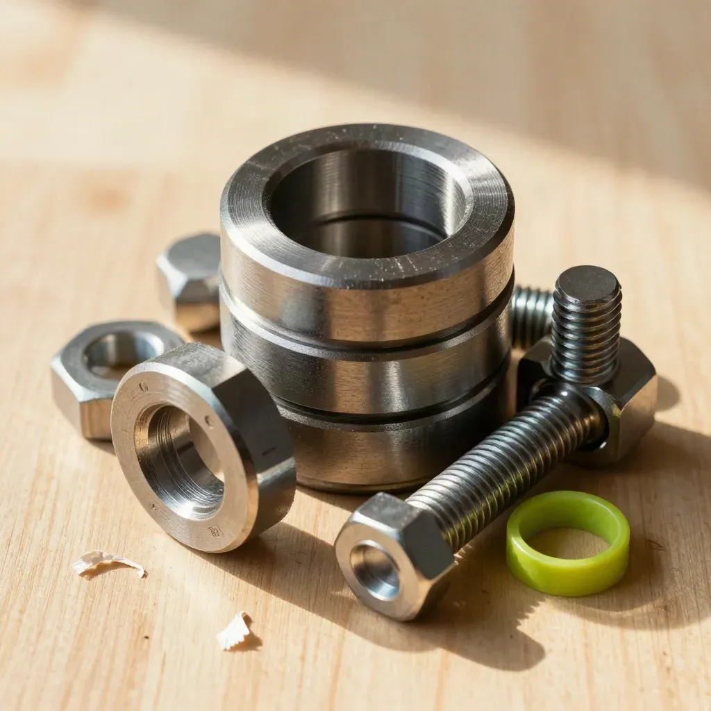 Top-down metal coupling, washers, bolts and spacer on warm pale wood with soft shadows.