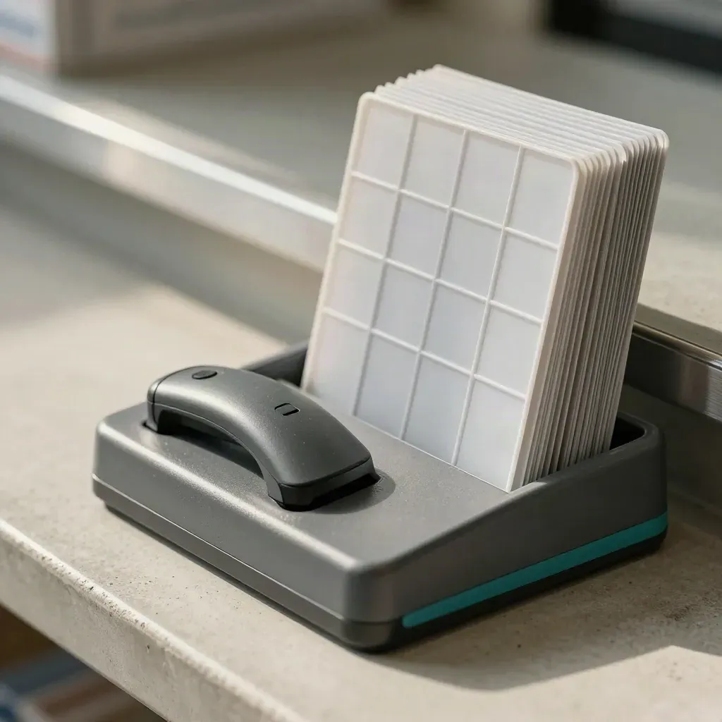 Barcode scanner cradle with retail shelf dividers and folded hang-tab clips on pale concrete.