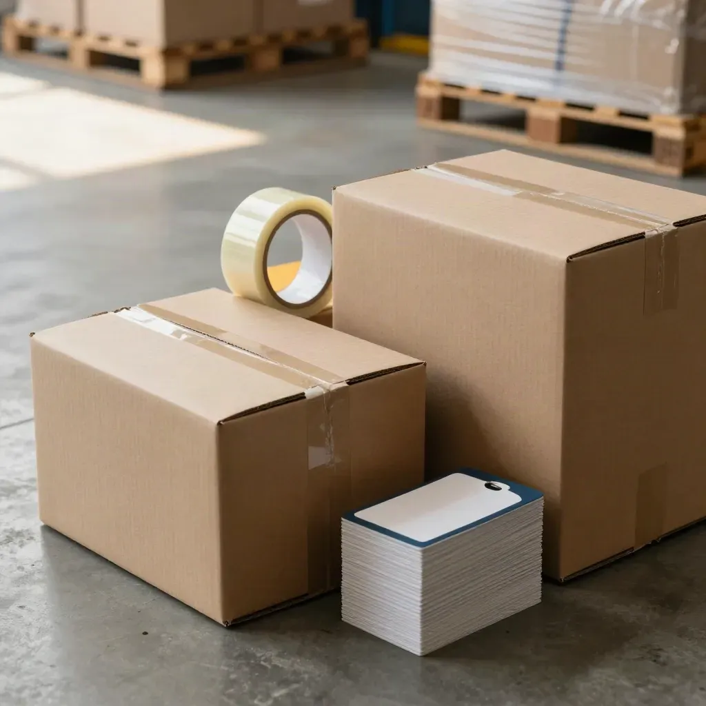 Shipping boxes, foam inserts, tape roll and pallet tags in a warehouse dispatch cluster.
