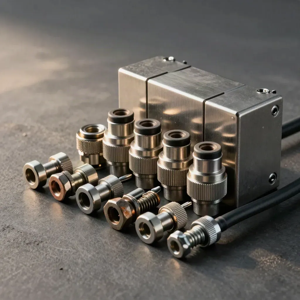 Industrial connector parts and terminal blocks on a dark graphite slab