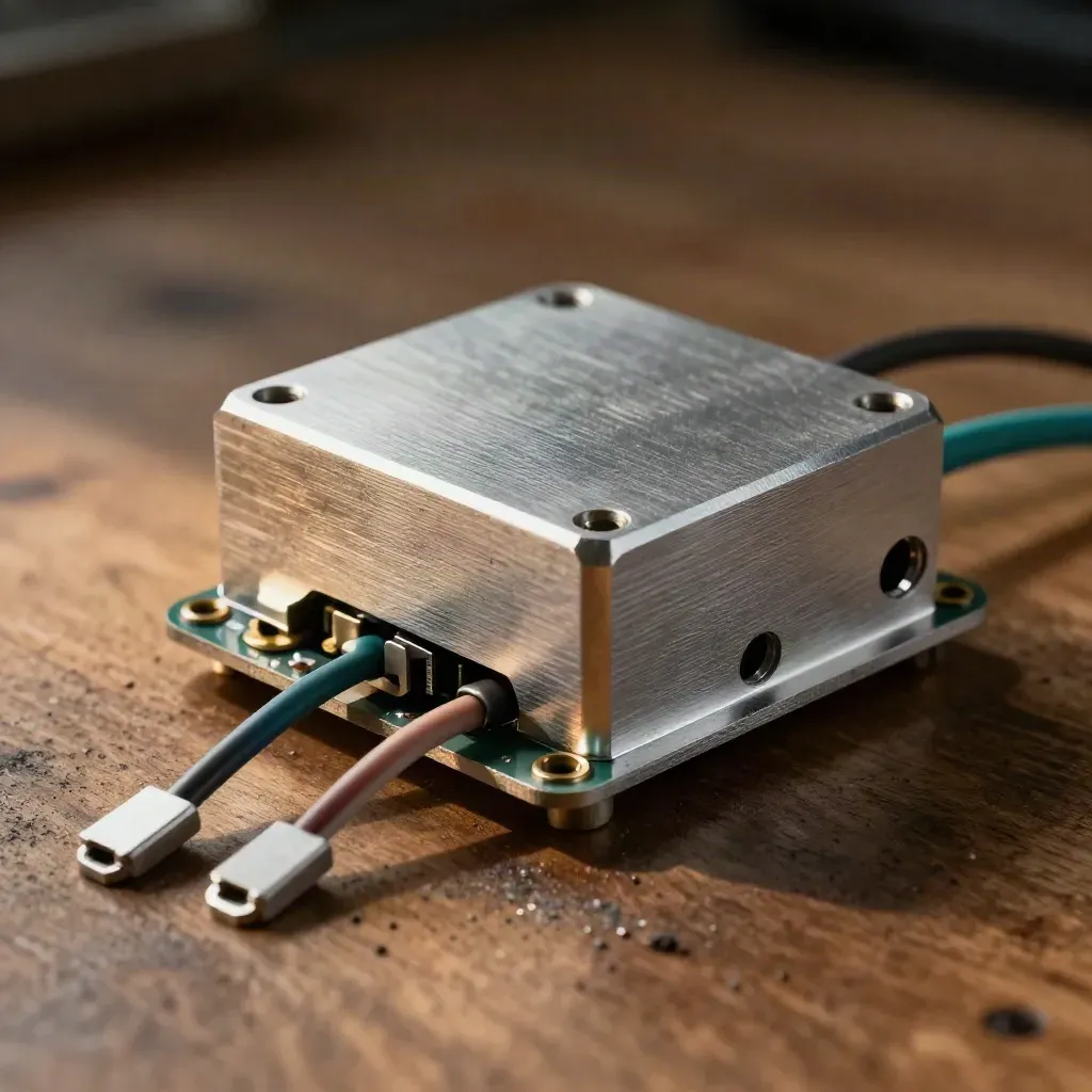 Half-seated aluminium controller with braided cables and spare standoffs on a graphite bench.