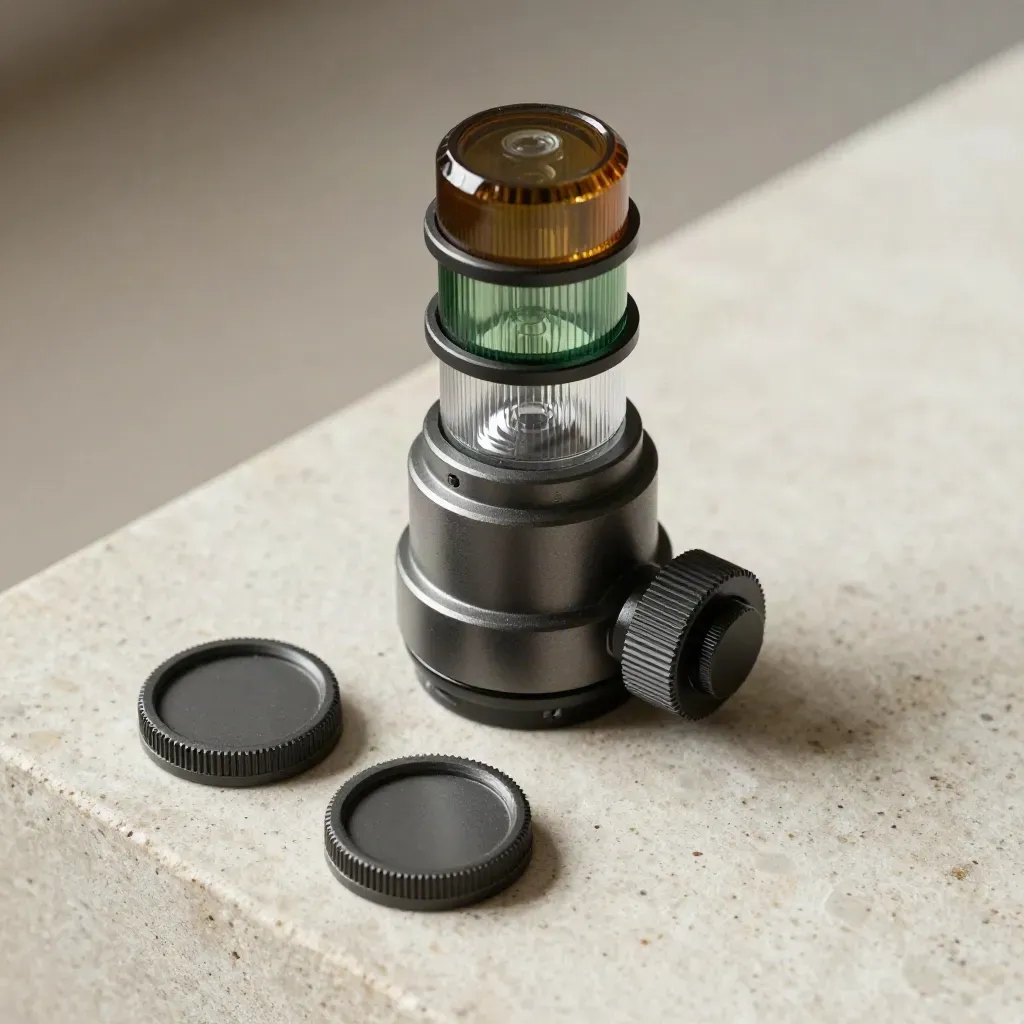 Macro stack-light components on pale stone, angled diagonally with soft workshop haze.