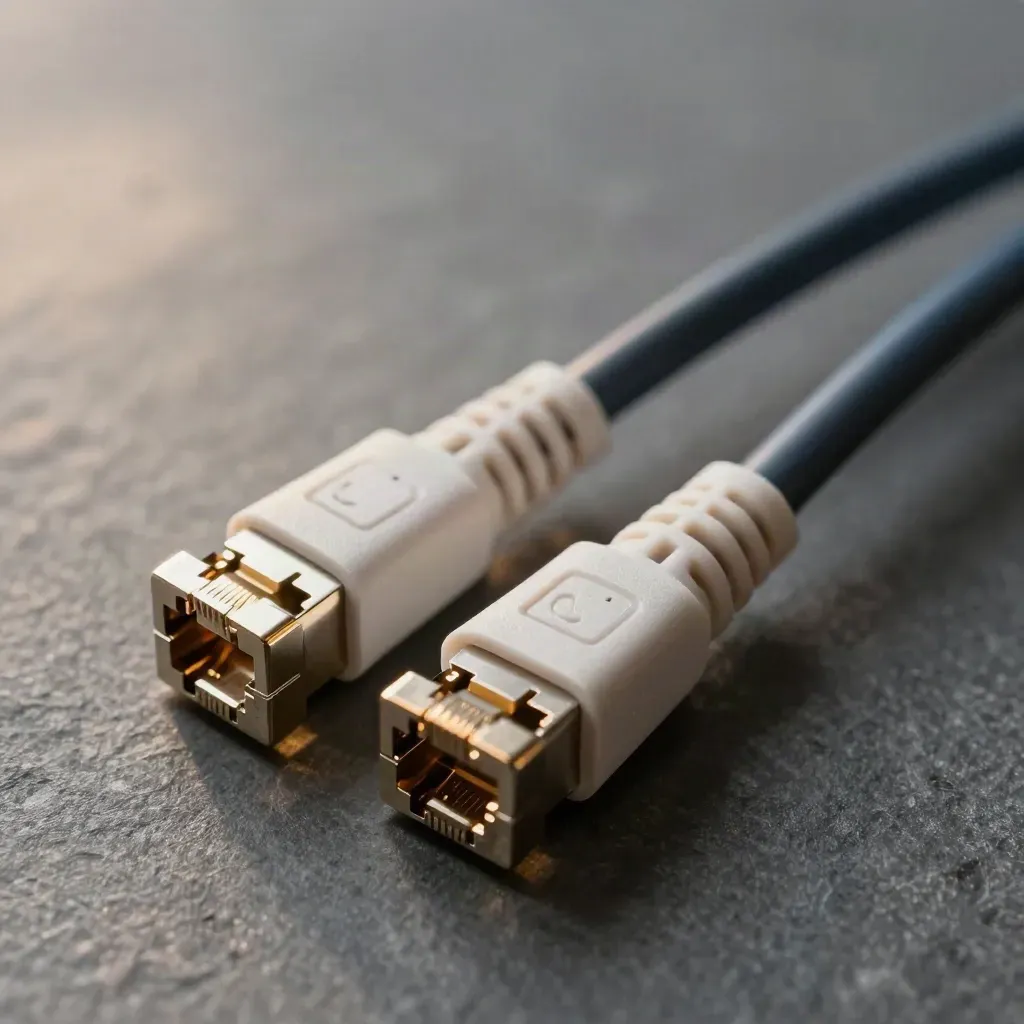 Macro of RJ45 couplers and patch leads arranged as an integration chain on stone.