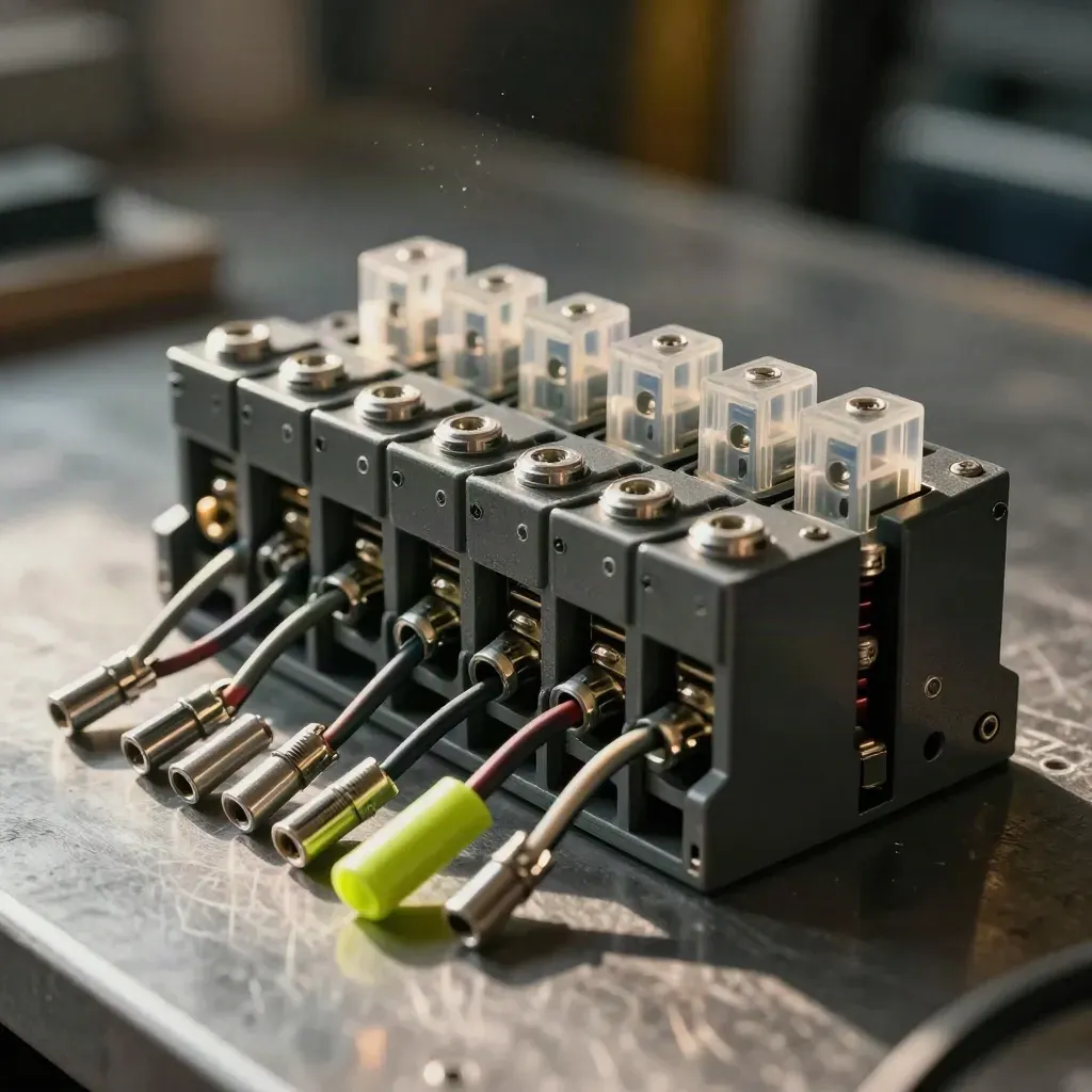Relay modules and wired harness on brushed metal, lit dramatically for workflow automation.