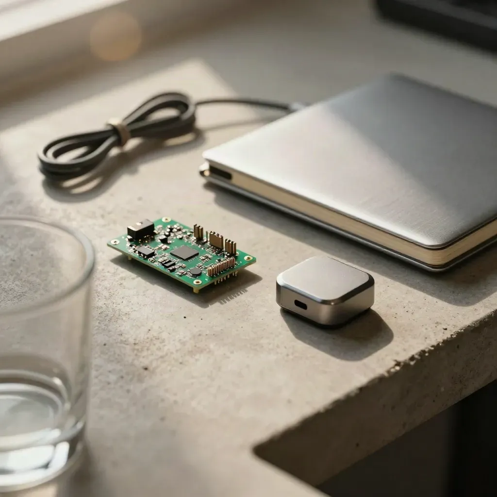 Prototype hardware kit with notebook, wireless puck, and cable bundle on concrete, shot through glass rim