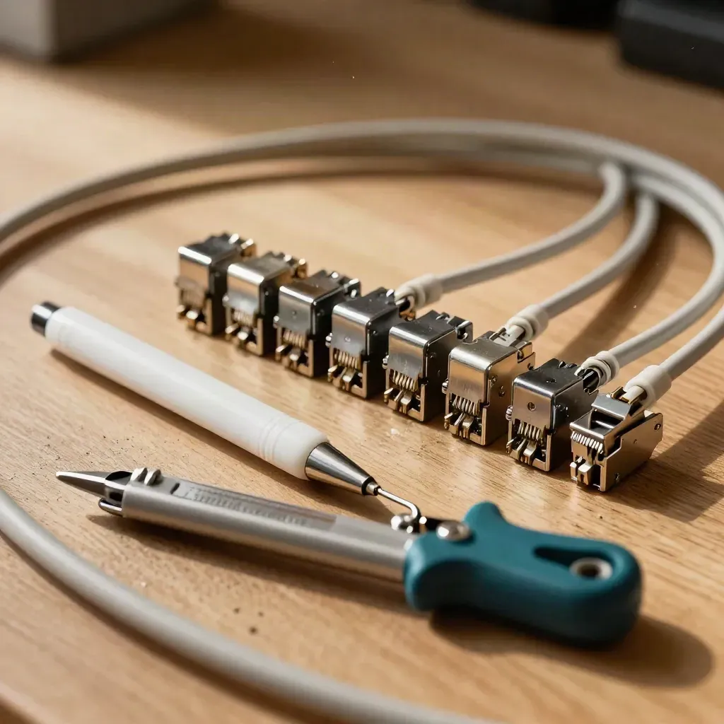 Top-down still life of network tools, keystone jacks, and patch leads on honey oak.