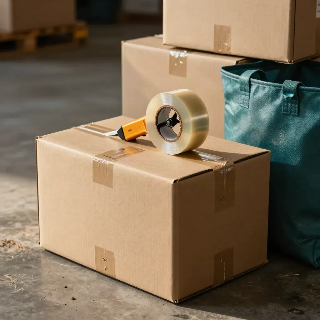 Parcel boxes, tape gun and teal inventory tote in a dusty warehouse close-up with dramatic light.