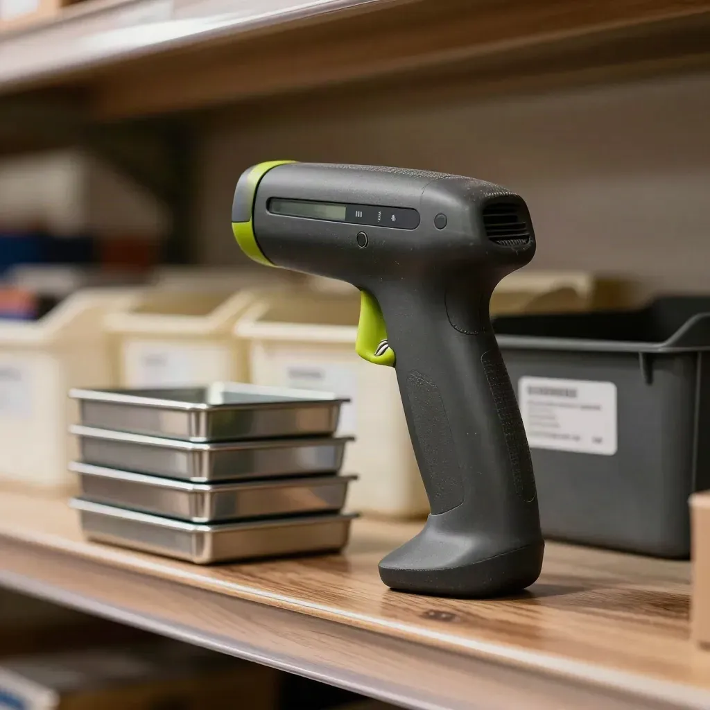 Macro still life of a handheld scanner with parts trays and stock bins in warm warehouse light