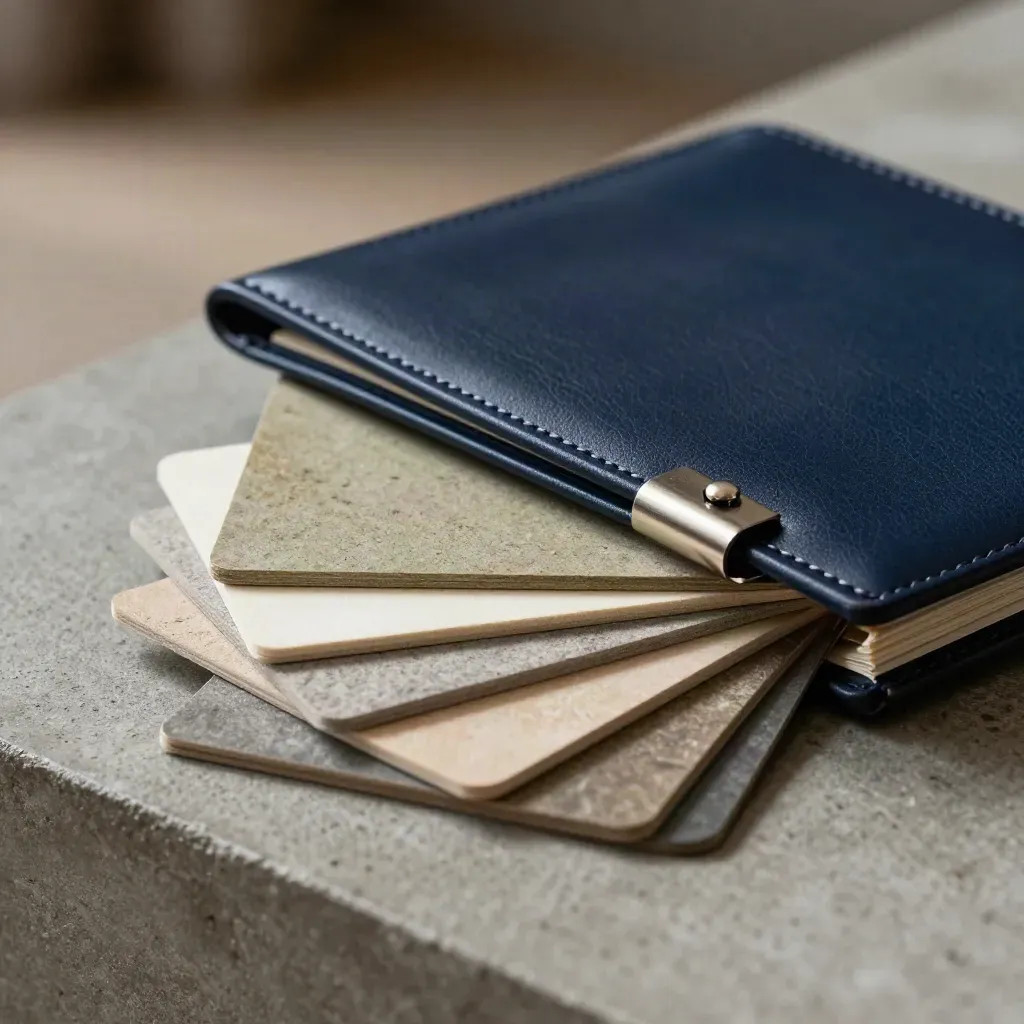 Leather client folio, metal clips and swatches on concrete in dramatic studio light