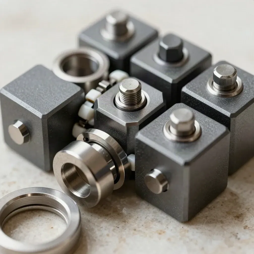Macro of interlocking metal blocks and rings on pale stone, symbolizing software integration.
