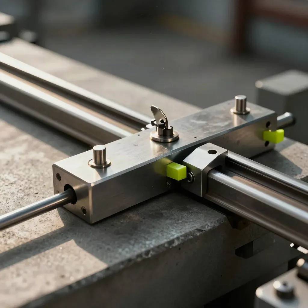 Linear rail carriage with pins and stop blocks on concrete, lit dramatically